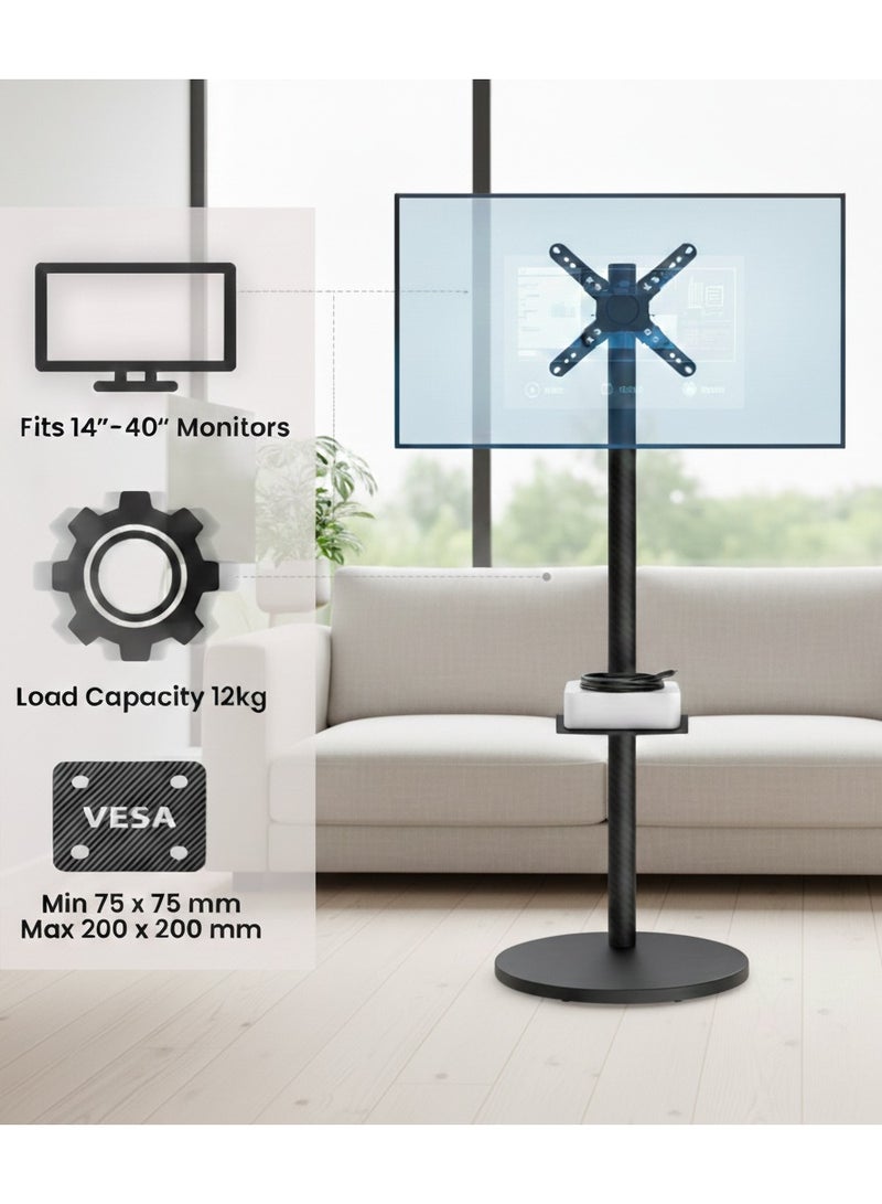 BEETEC Mobile Monitor Stand for 14"–40" Screens, VESA 200x200mm, 12kg Load Capacity, Adjustable Height, Tilt, Swivel & Rotation, with Wheels and Storage Tray, Black | TF-FMS801B - Image 2